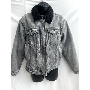 Forever 21 Faux Shearling Collar Denim Moto Jacket Size S Acid Wash Black Biker
